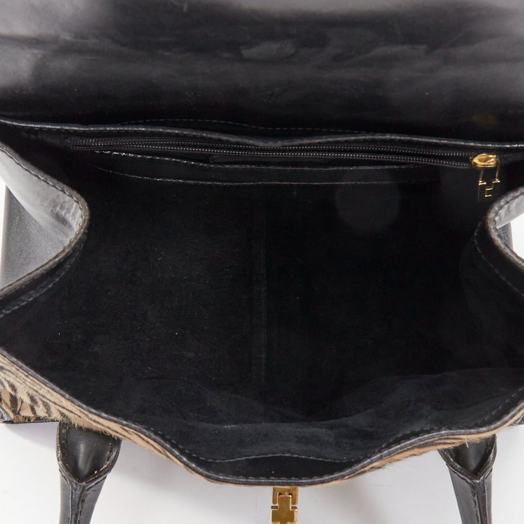 LAMBERTSON TRUEX 2004 zebra print calf hair black leather flap top handle bag