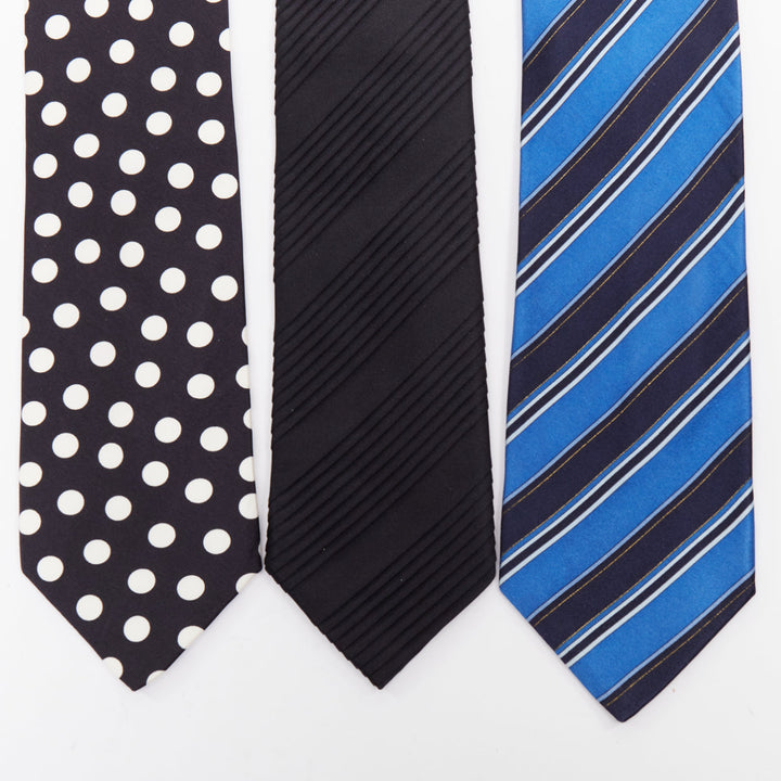 BRIONI Set of 3 100% silk blue diagonal stripes black pleats white polka dot tie