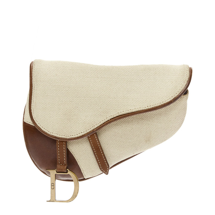 CHRISTIAN DIOR John Galliano Vintage Saddle D beige canvas leather bag pouch