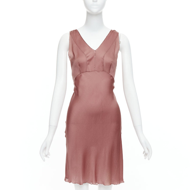 PRADA Vintage 100% silk blush pink beaded trim V neck slip dress IT42 M
