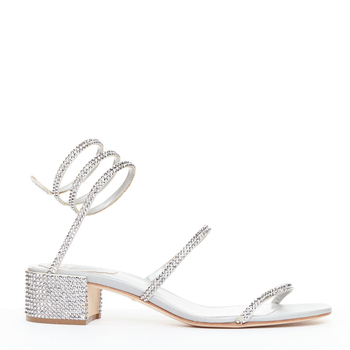 RENE CAOVILLA Cleo 45 silver strass crystal wrap around block heels EU37.5