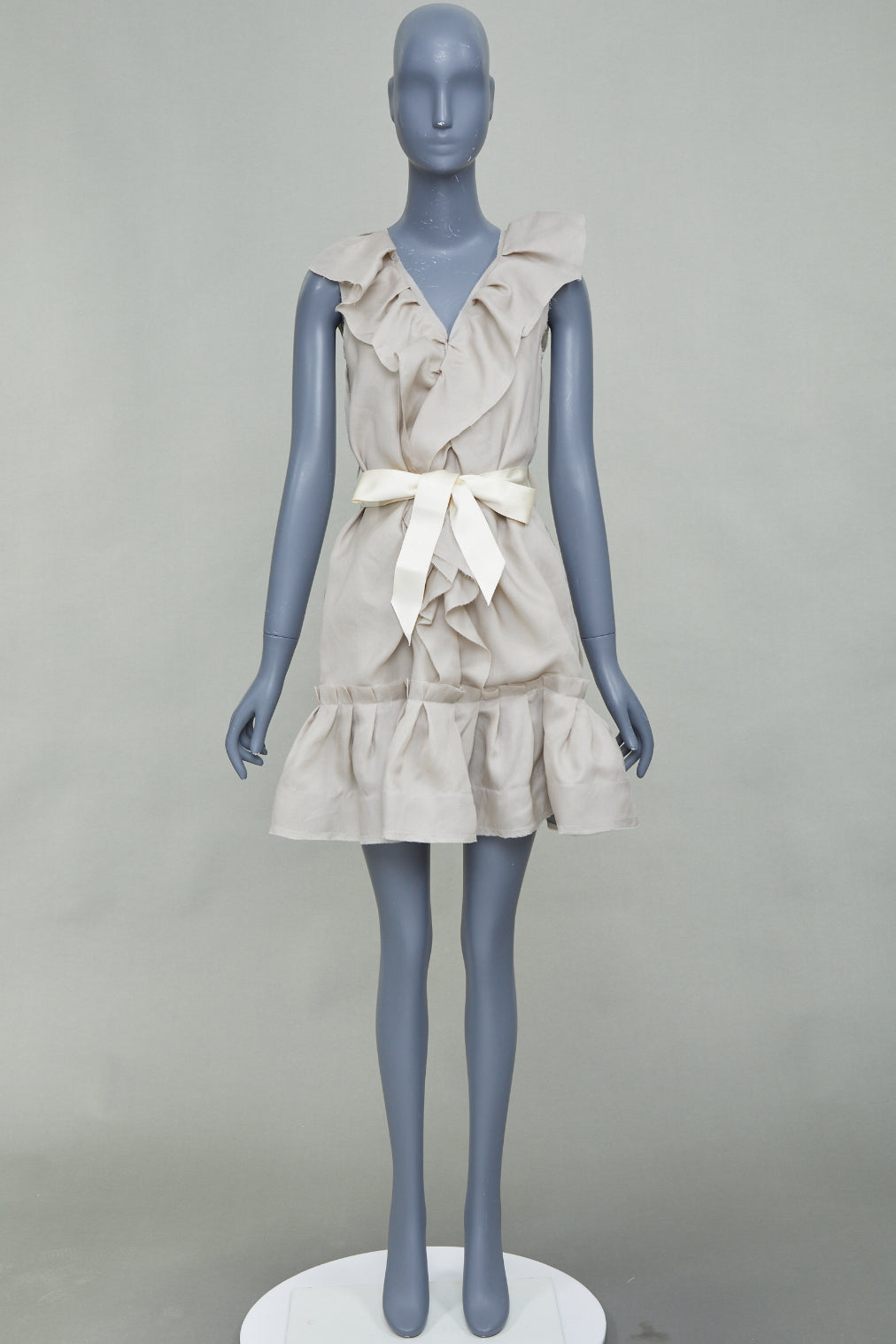 LANVIN 2008 light grey ruffle silk sleeveless bow belted mini dress FR34 XS