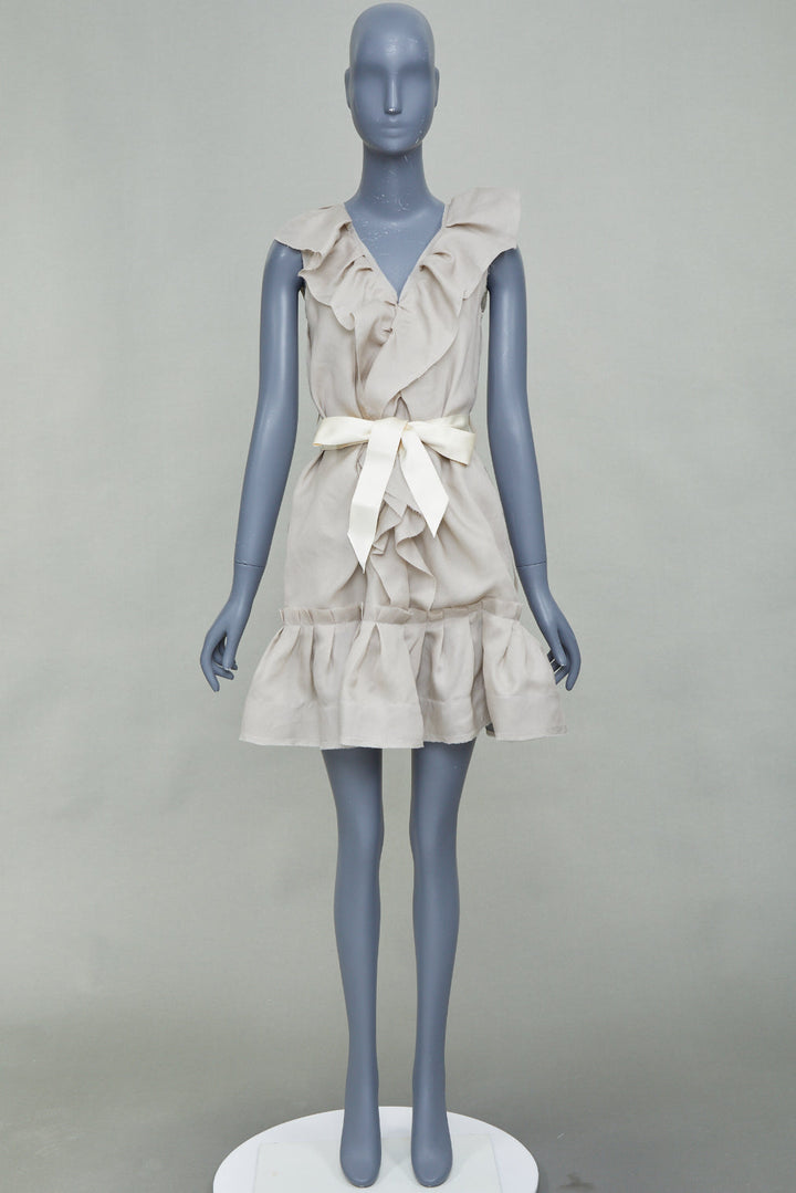 LANVIN 2008 light grey ruffle silk sleeveless bow belted mini dress FR34 XS