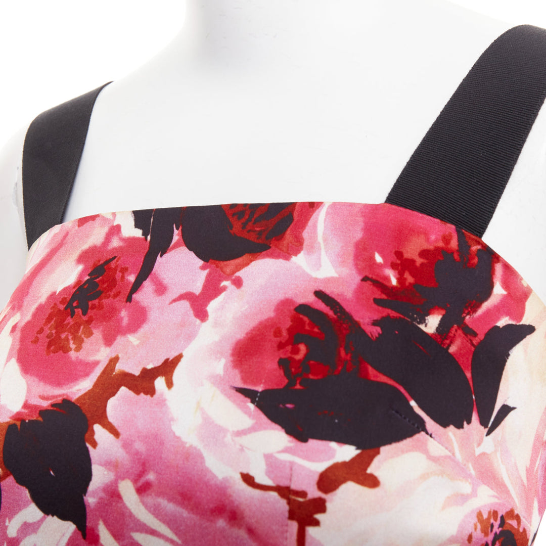 DOLCE GABBANA Vintage pink rose peonies floral black strap mini dress IT40 S