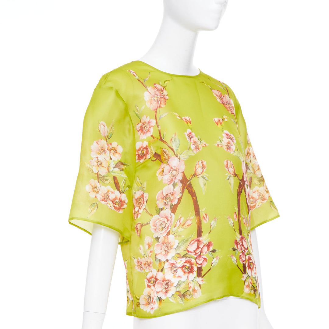 DOLCE GABBANA 100% silk green pink blossom print half sleeve blouse IT40 S