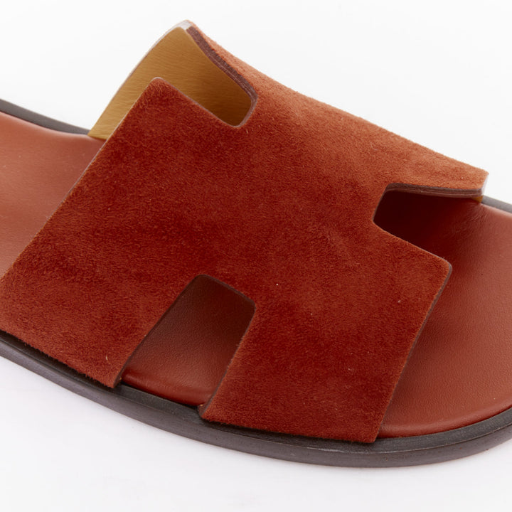 HERMES Izmir brown suede goatskin leather H cut out flat sandals EU41