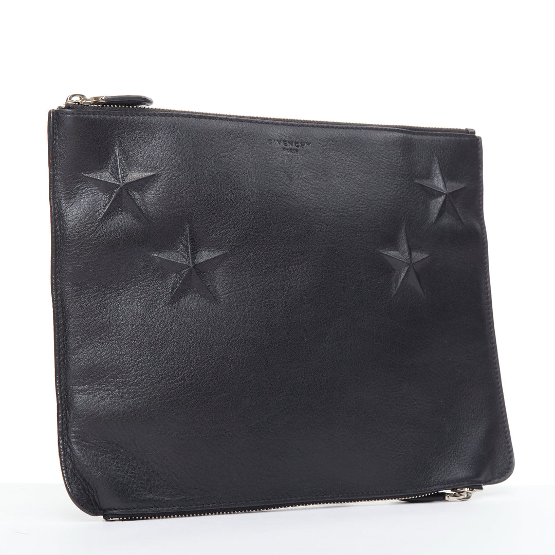 GIVENCHY Riccardo Tisci black leather star debossed double zip clutch bag