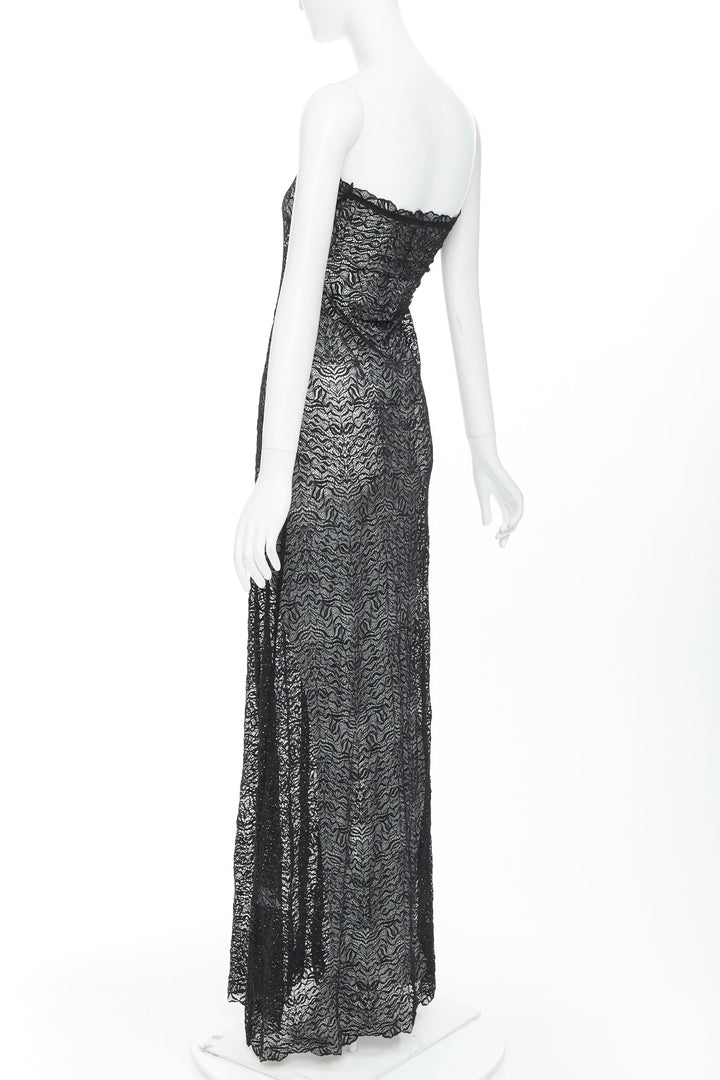 BEAUFILLE Anise black sheer stretch nylon lace knit strapless long dress M