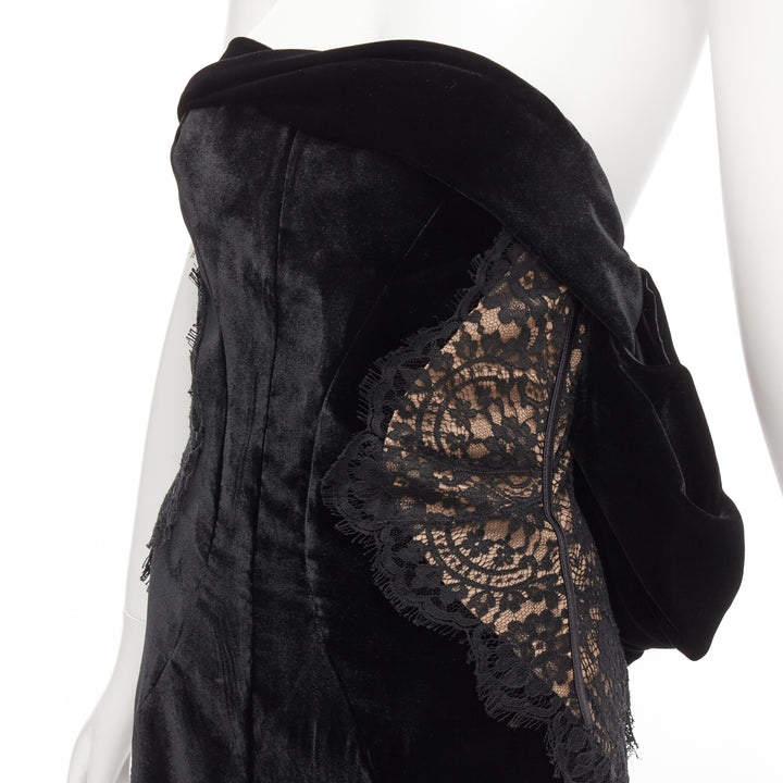 TOM FORD black satin velvet bow bustle illusion lace trim column gown IT40 S