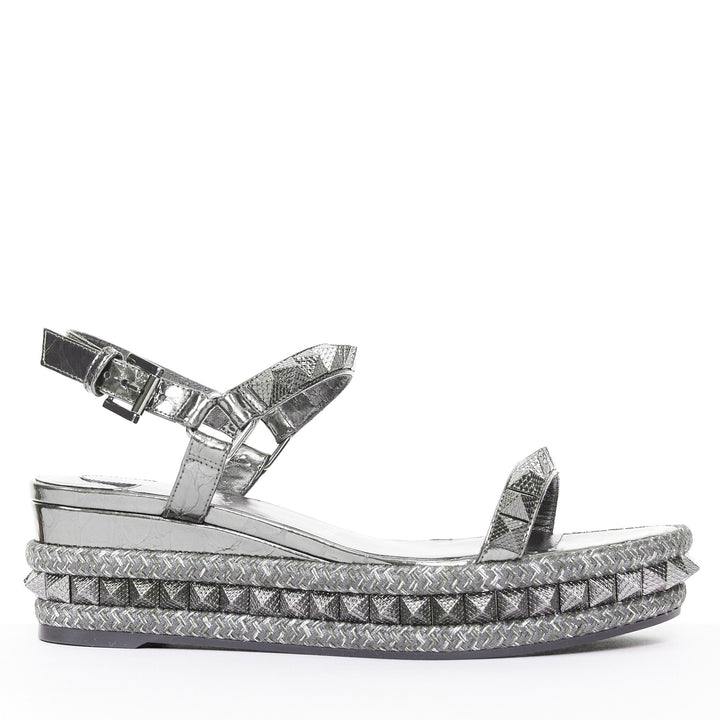 CHRISTIAN LOUBOUTIN Pyraclou 60 Anthracite silver studded espadrille sandal EU37