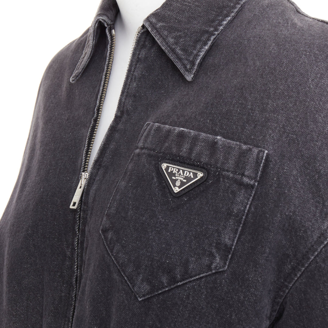 PRADA 2022 grey faded denim triangle logo plague cropped blouson jacket IT40 S