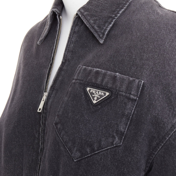 PRADA 2022 grey faded denim triangle logo plague cropped blouson jacket IT40 S