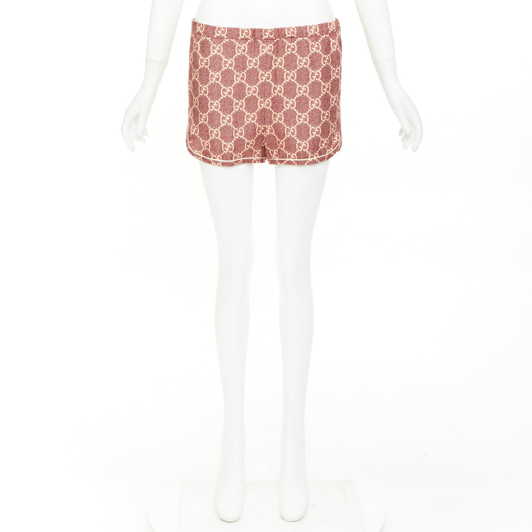 GUCCI red beige silk twill GG Supreme monogram satin trimmed pajama shorts XXS