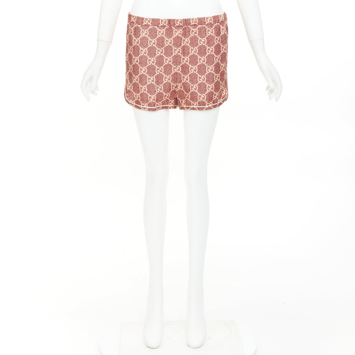 GUCCI red beige silk twill GG Supreme monogram satin trimmed pajama shorts XXS