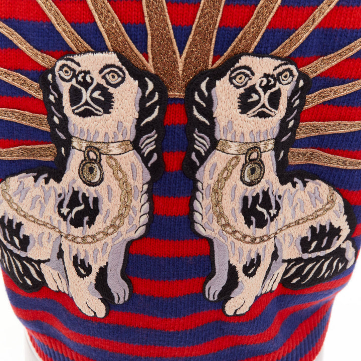 GUCCI 2017 Runway wool red blue stripe Tiger Head intarsia crew sweater XS