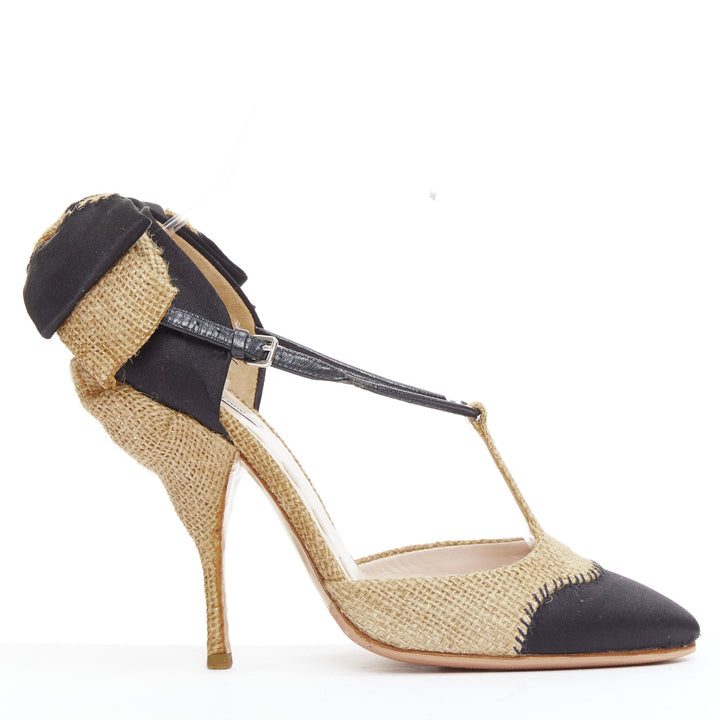 MIU MIU beige black jute satin bow back t strap maryjane pumps EU37.5