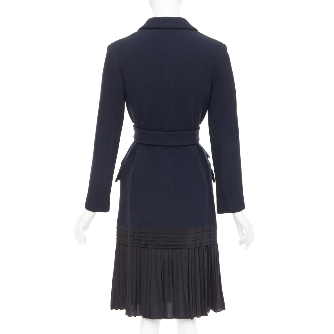 DIOR navy virgin wool silk lined pleated hem belted coat FR36 S