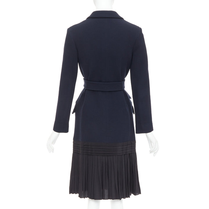 DIOR navy virgin wool silk lined pleated hem belted coat FR36 S
