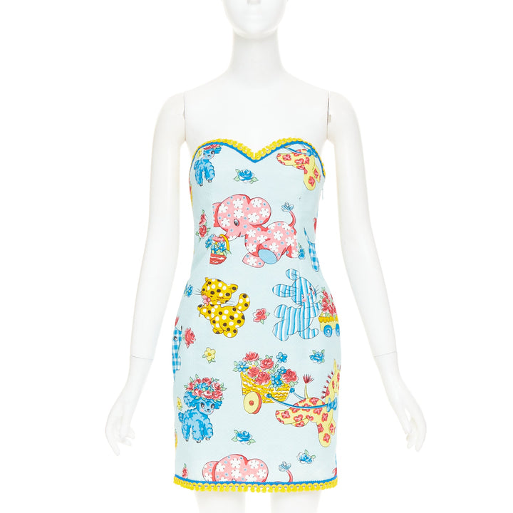 MOSCHINO COUTURE! 2022 Runway Calico Animals blue strapless dress IT38 XS
