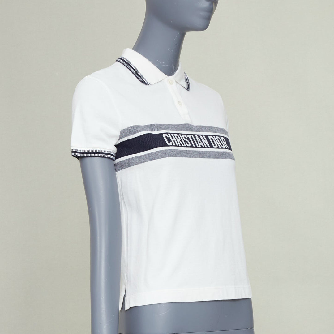 DIOR Dioriviera Signature Band white cotton navy striped intarsia polo shirt XS