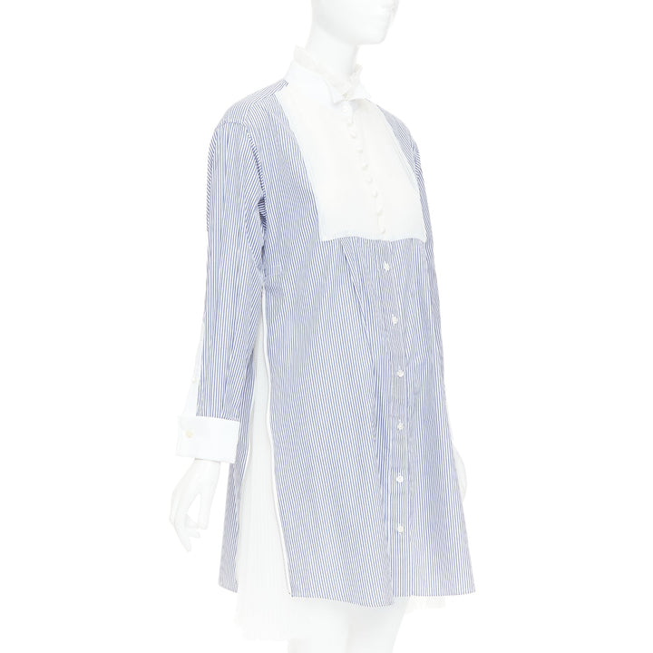 SACAI 2017 blue white striped cotton poplin bib collar ruffle shirt dress JP1 S