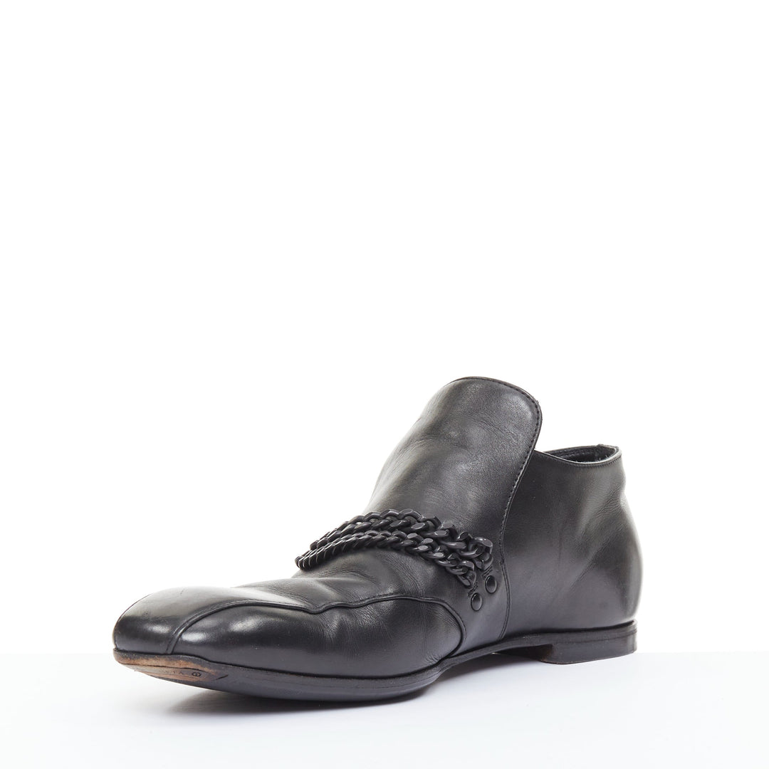 BOTTEGA VENETA 2011 black leather dual tonal chain flat square toe loafers EU43
