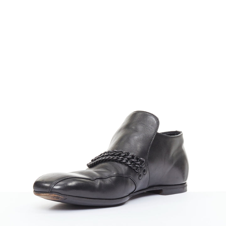 BOTTEGA VENETA 2011 black leather dual tonal chain flat square toe loafers EU43