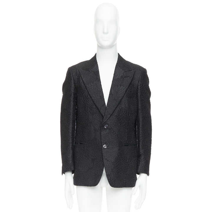 TOM FORD Cooper black floral 3D brocade peak lapel tuxedo blazer IT52 XL