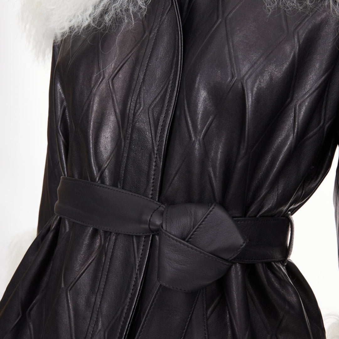 SKIIM PARIS Fran Mongolian diamond embossed lambskin black leather coat FR36 S