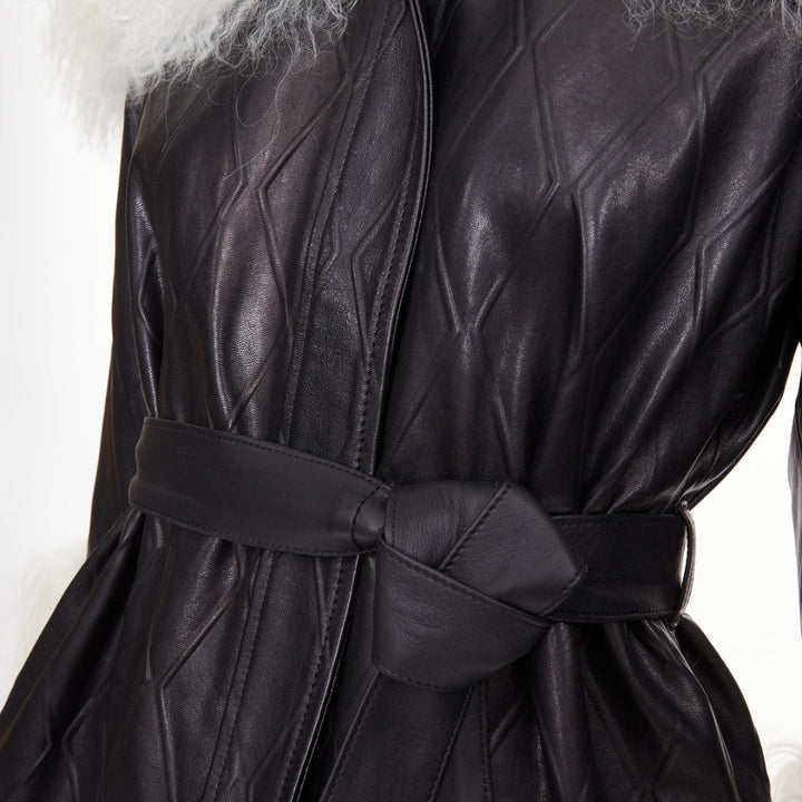 SKIIM PARIS Fran Mongolian diamond embossed lambskin black leather coat FR36 S