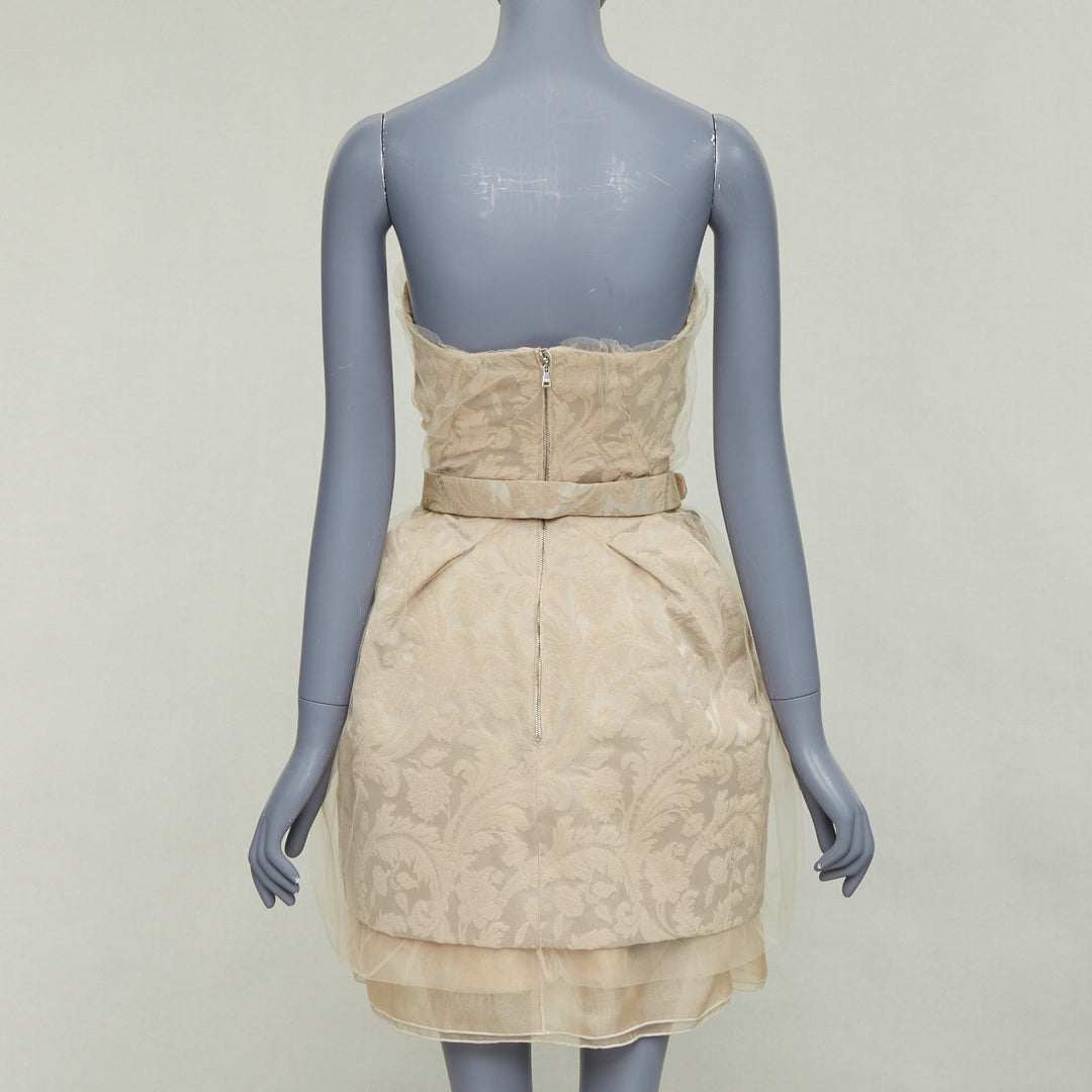 DOLCE GABBANA 2008 Runway beige barocco jacquard tulle strapless belted dress