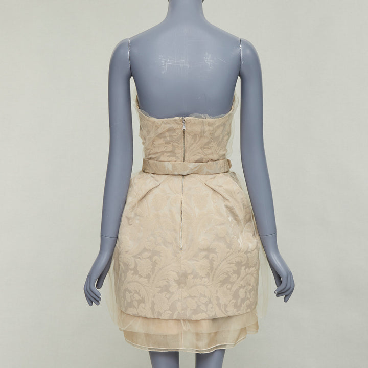 DOLCE GABBANA 2008 Runway beige barocco jacquard tulle strapless belted dress