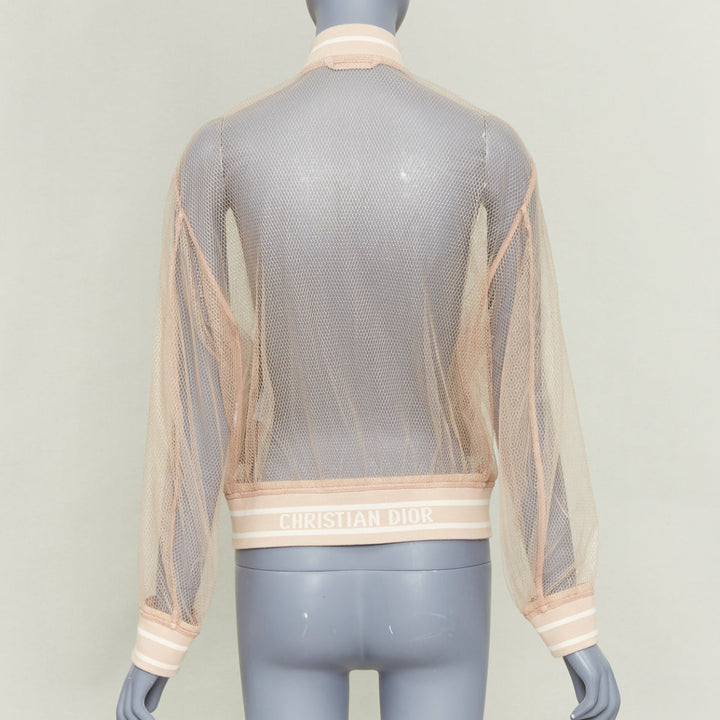 DIOR 2020 beige metallic mesh overlay sheer striped ribbed CD bomber jacket
