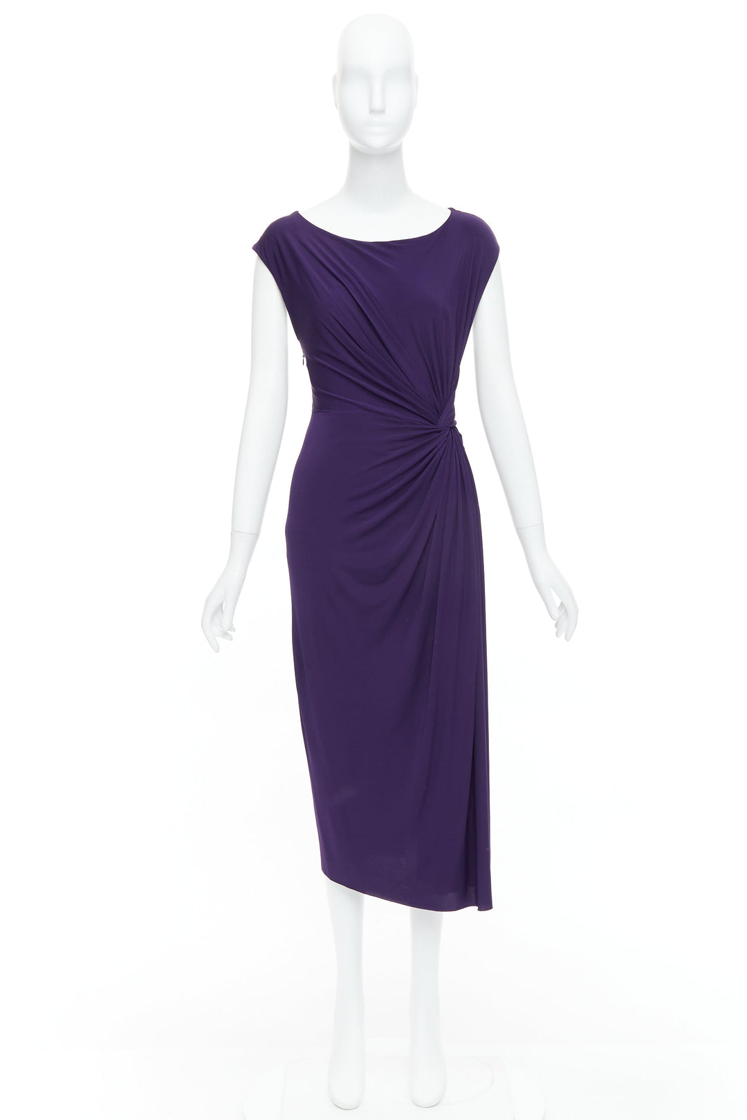 DONNA KARAN purple draped side knot criss cross back grecian dress L