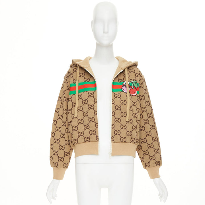 GUCCI GG canvas jacquard Web stripe cherry embroidery cropped zip hoodie XS