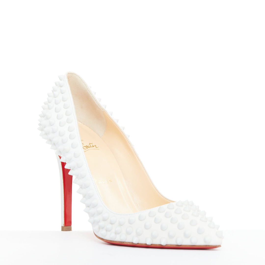 CHRISTIAN LOUBOUTIN Pigalle Spikes 100 white matte leather spike pumps EU37.5