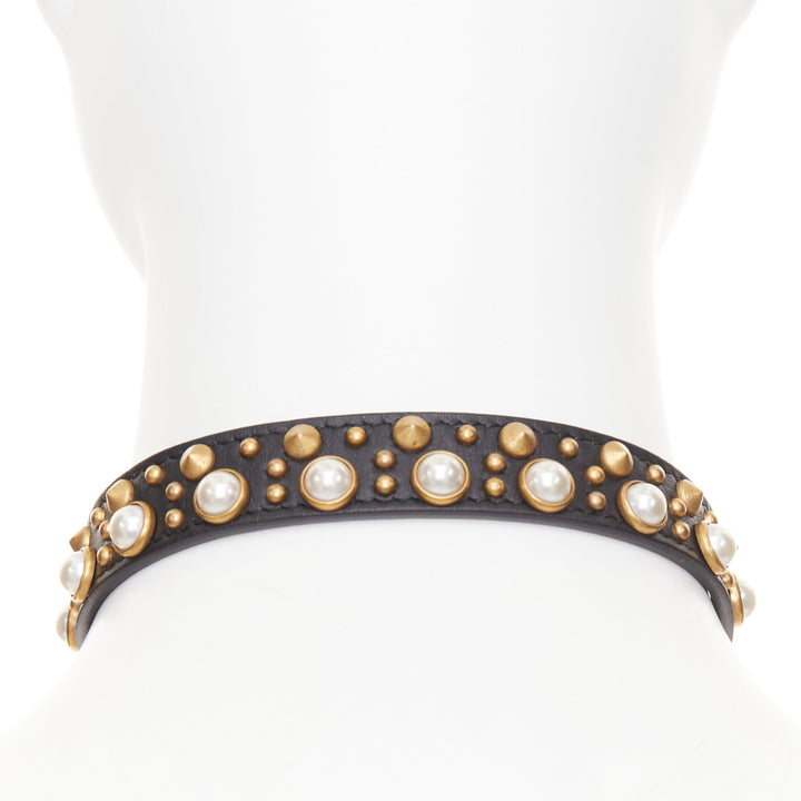 GUCCI 2017 black calfskin gold GG faux pearl embellished choker necklace