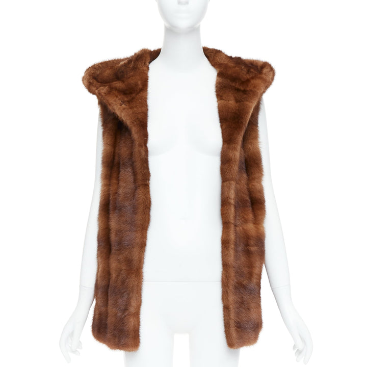 LUCIA PIERI brown real fur hooded patchwork tiered sleeveless vest