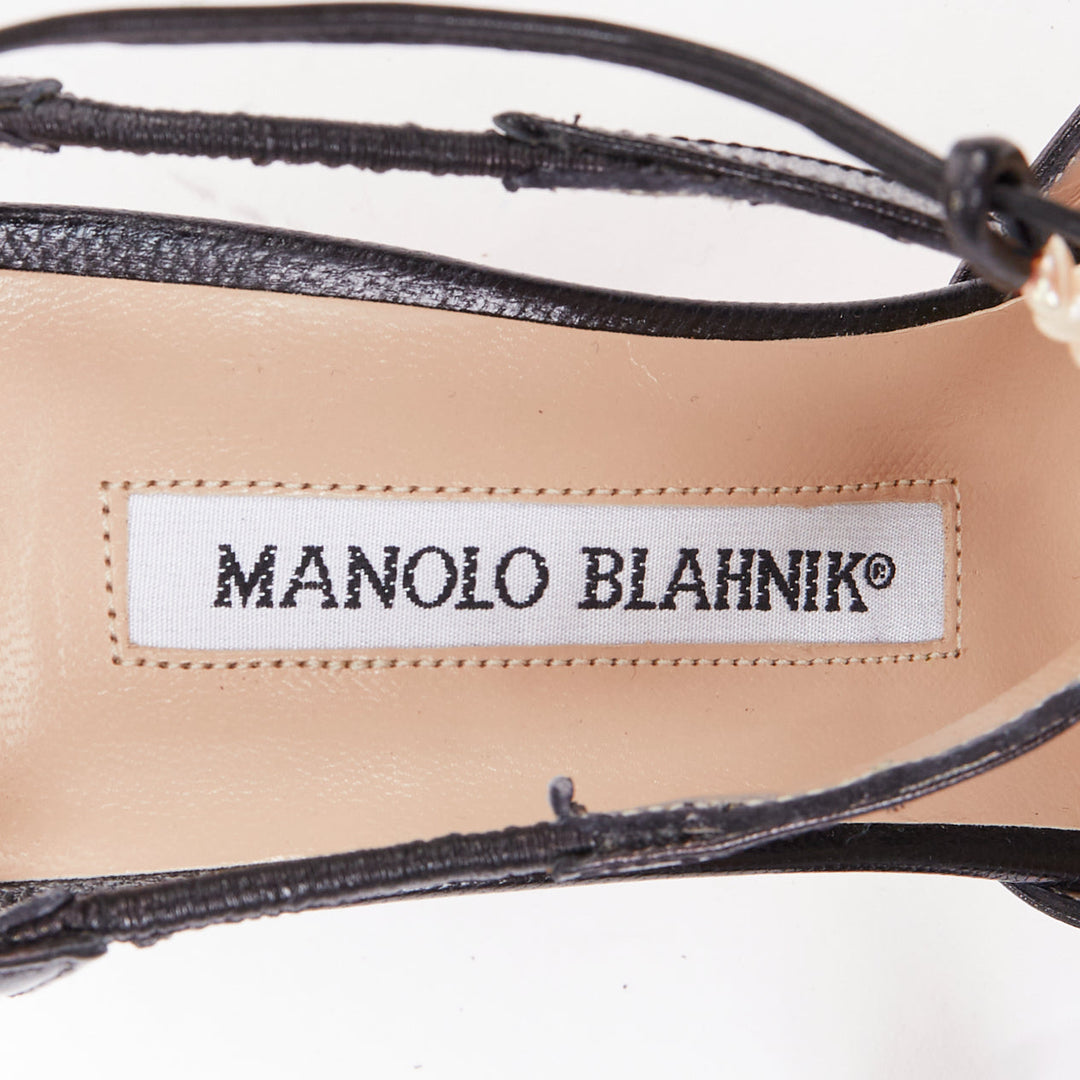 MANOLO BLAHNIK black calf leather nude pearl embellished tstrap heels EU36.5
