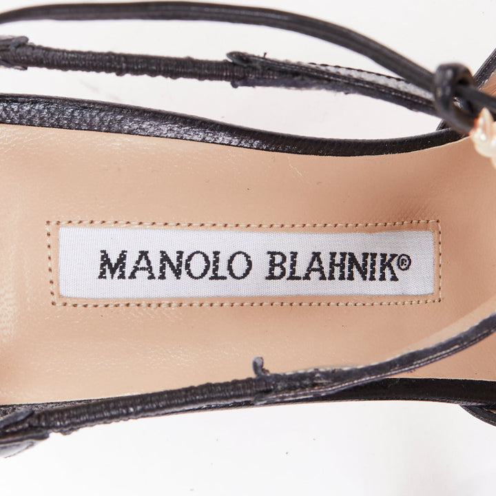 MANOLO BLAHNIK black calf leather nude pearl embellished tstrap heels EU36.5
