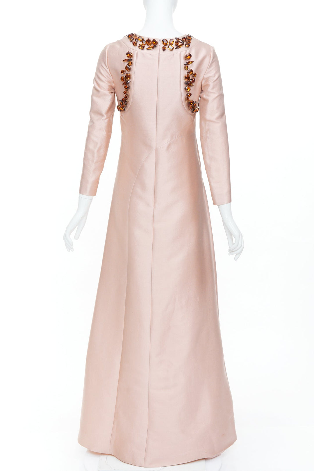 PRADA 2014 jewel embellished brown blush wool silk gown IT38 XS