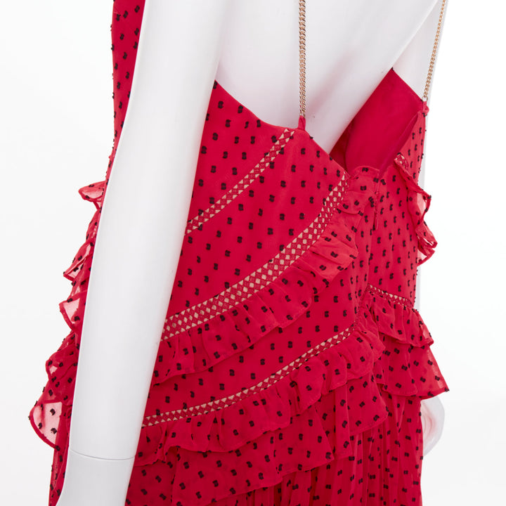 SELF PORTRAIT fuchsia red plumetis polka dot pleated tiered ruffle dress UK14