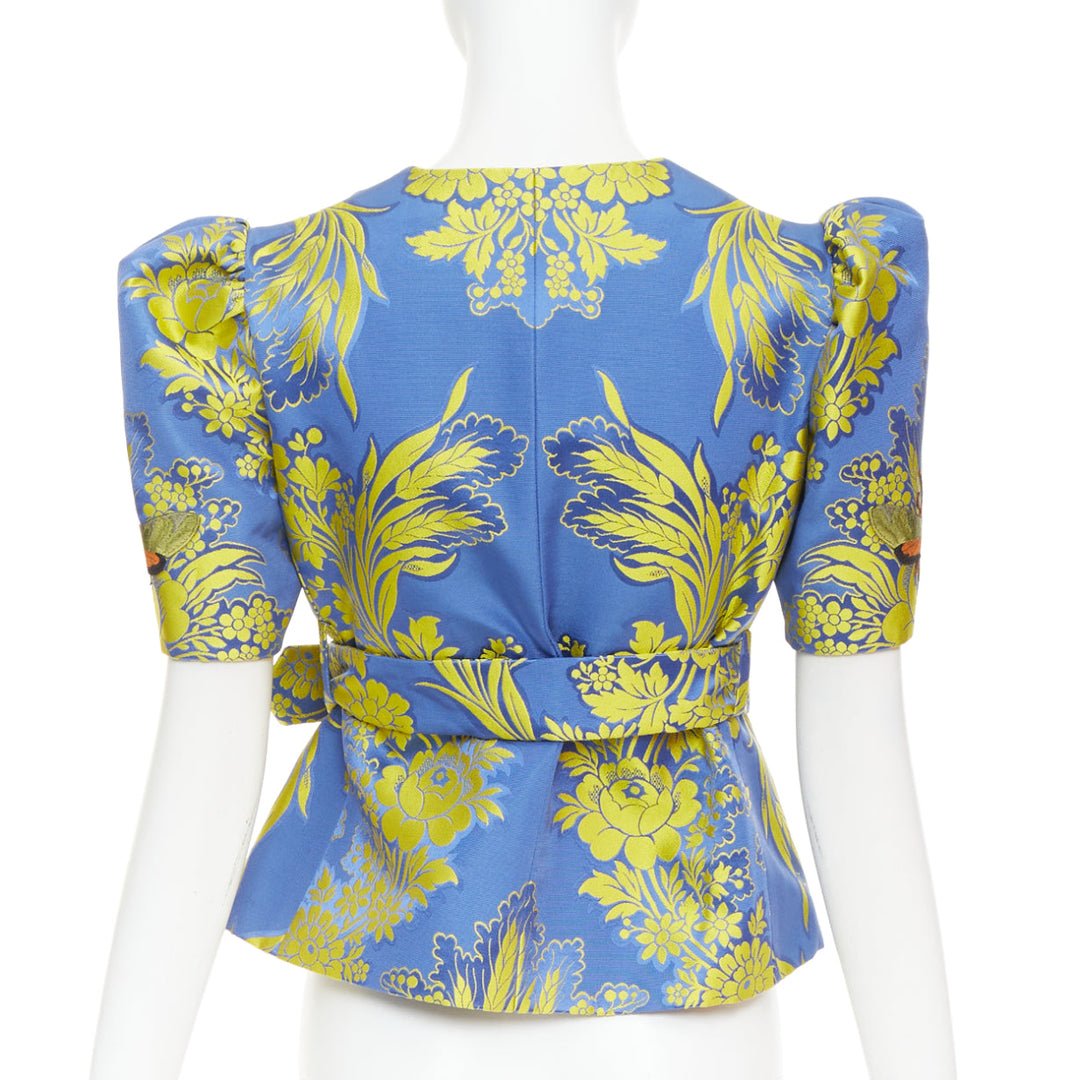 rare GUCCI 2017 blue yellow beetle embroidery floral jacquard belt jacket IT40 S