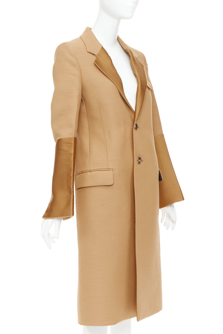BOTTEGA VENETA 2019 Runway camel brown satin trim leather belted  coat IT38 XS