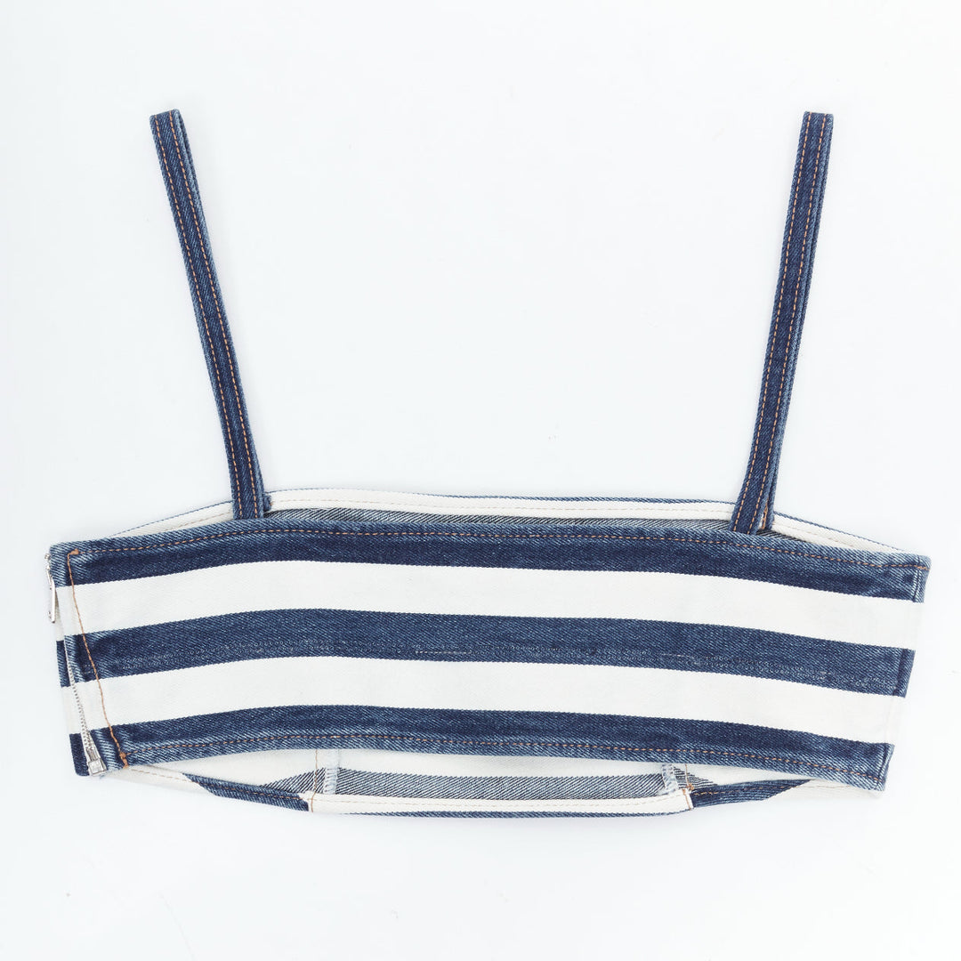 new PRADA blue white striped black triangle logo denim bustier bra IT36 XXS