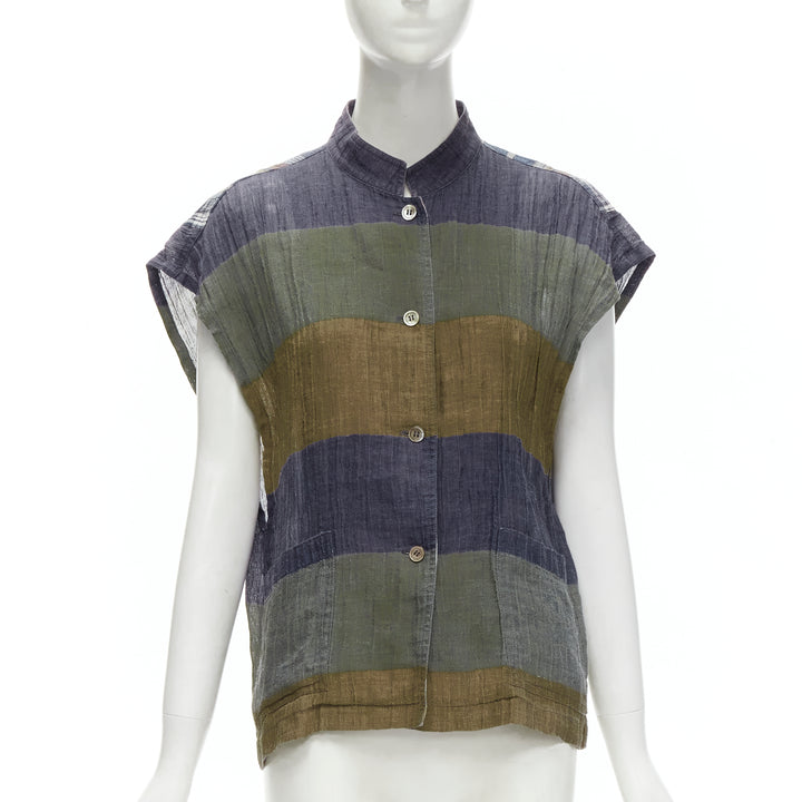 ISSEY MIYAKE Vintage 1970's 100% linen blue green check patchwork vest JP9 S