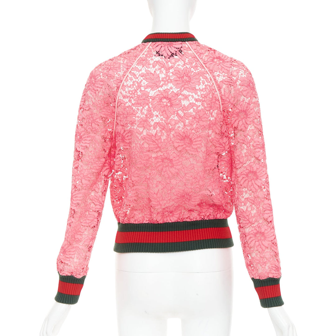 GUCCI 2015 Michele pink floral lace vintage web bomber jacket IT40 S