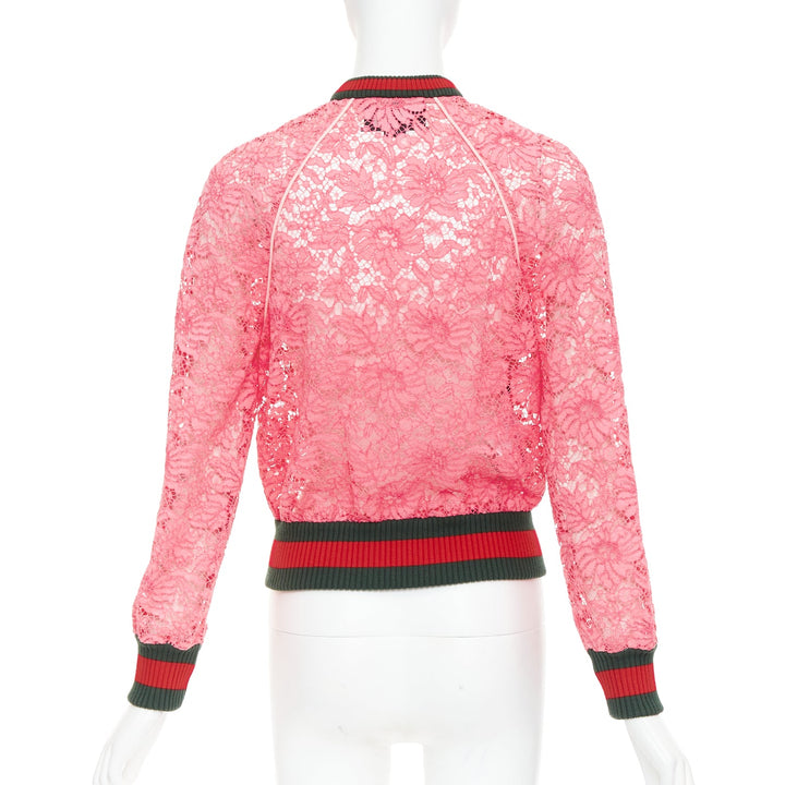 GUCCI 2015 Michele pink floral lace vintage web bomber jacket IT40 S