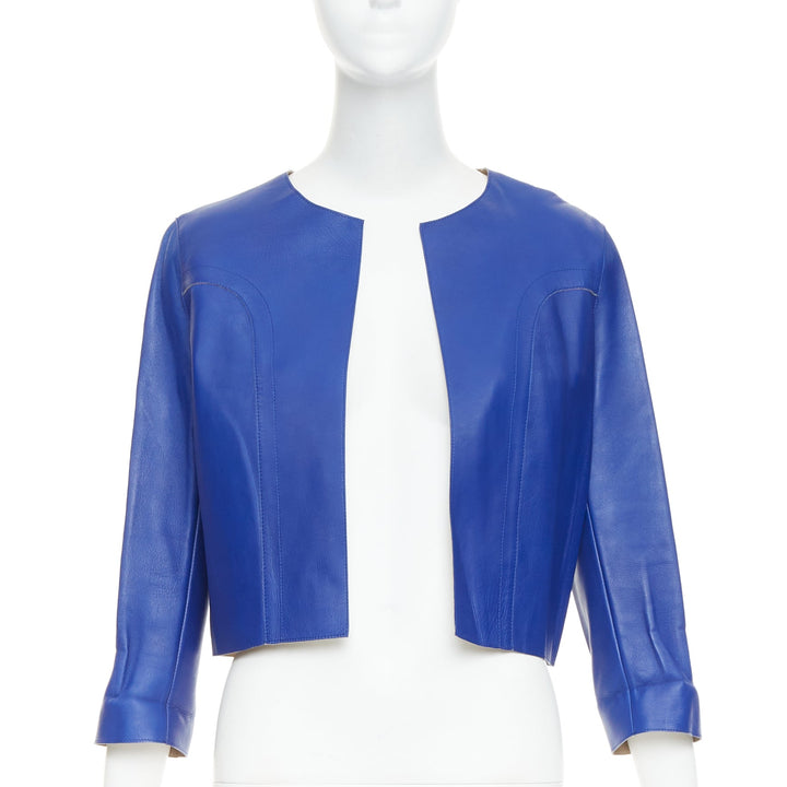 MARNI cobalt blue beige lined lamb leather rounded sleeve cropped jacket IT38 XS