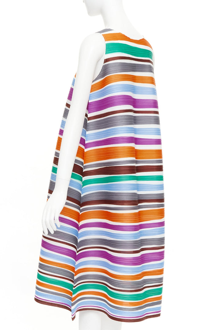PLEATS PLEASE ISSEY MIYAKE multicolor striped sleeveless trapeze dress JP3 L